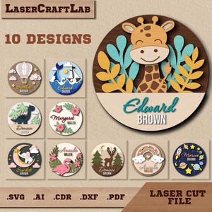Baby Namen Zeichen Bundle SVG Laserschnittdatei, Giraffe, Weltall, Regenbogen