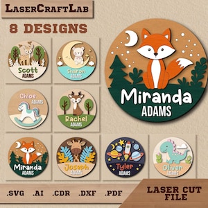 Babynaambord bundel SVG lasergesneden bestand, dinosaurus, ruimte, vos, natuur kinderkamerinrichting
