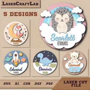 Pacchetto di cartelli con nome per bambini in formato SVG, file tagliato al laser, riccio, volpe, razzo, decorazione per la cameretta dei bambini
