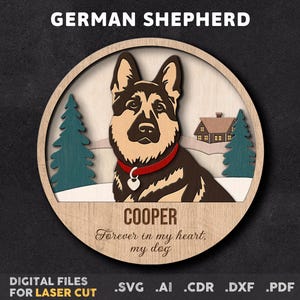 Dog Sign SVG lasergesneden bestand, Glowforge, Duitse herder, hondenportret, bos