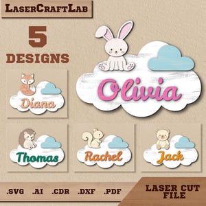 Nuage Baby Name Sign Bundle SVG Fichier découpé au laser, chambre d'enfant, animaux mignons, hérisson, écureuil