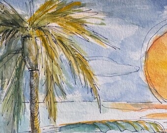 Original Seascape Watercolor – Laguna Beach Sunset with Palm