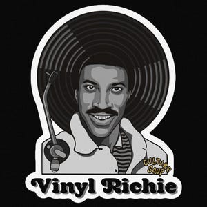 May include: Black and white illustration of a man with a mustache wearing a large black hat, holding a record player needle. The text "Vinyl Richie" is below the image, and "Culture Soup" is in a circle to the right of the man.