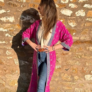 Silky Boho Beaded Kimono, Duster, Cover up for festivals, Wedding, Party. Pink and Navy.