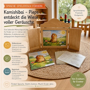 May include: A wooden Kamishibai theater frame with open side panels, displaying an illustrated card of a brown bird in a meadow. Included are a stack of nine narrative cards with text and a matching illustrated storybook on a round woven mat.