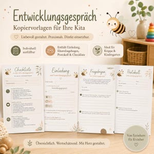 Könnte beinhalten: Ein Set aus vier bedruckten Dokumenten mit den Titeln Entwicklungsgespräch, Einladung, Fragebogen und Protokoll, verziert mit Bienenillustrationen und botanischen Akzenten. Die Seiten enthalten ausfüllbare Felder für Kita-Gespräche.