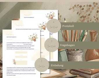 May include: A printable guide for parent-teacher conferences with a bee illustration and the text "Elterngespräch I Entwicklung" (Parent-Teacher Conference I Development). The guide is divided into four sections: "Einladung" (Invitation), "Fragebogen" (Questionnaire), "Protokoll" (Protocol), and "Erörterung" (Discussion).