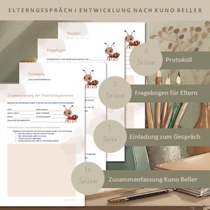 Puede incluir: Un conjunto de documentos impresos con el título "ELTERNGESPRÄCH I ENTWICKLUNG NACH KUNO BELLER". Los documentos incluyen "Protokoll", "Fragebogen für Eltern", "Einladung zum Gespräch" y "Zusammenfassung Kuno Beller", cada uno con ilustraciones de hormigas. También se ve un bolígrafo y material de arte.