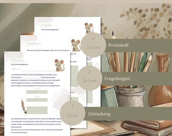 May include: A stationery set with the text "ELTERN GESPRÄCHI ENTWICKLUNG" and illustrations of mice. The set includes a protocol, questionnaire, and invitation, with page counts indicated. Pencils, a pen, and a notebook are also visible.