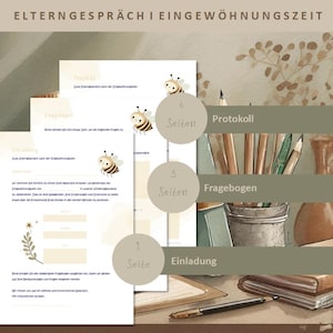May include: A stack of beige paper documents with German text and bee illustrations. The documents are labeled "Einladung", "Fragebogen", and "Protokoll". A pen, notebook, and pencils are also visible.