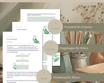 May include: A set of printable documents for parent-teacher conferences. The documents include a title page with the text "ELTERNGESPRÄCH I ENTWICKLUNG", a protocol for educators, a questionnaire for parents, and an invitation for parents. The documents are decorated with a green caterpillar illustration.