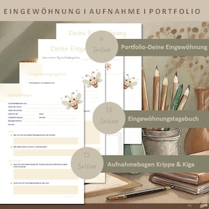 Könnte beinhalten: Ein Satz druckbarer Arbeitsblätter für den Aufnahmeprozess eines Kindes in den Kindergarten oder die Kita. Die Arbeitsblätter sind mit den Titeln "Portfolio-Deine Eingewöhnung", "Eingewöhnungstagebuch" und "Aufnahmebogen Krippe & Kiga" versehen. Die Arbeitsblätter sind mit Bienenillustrationen verziert und haben einen hellbraunen Hintergrund.