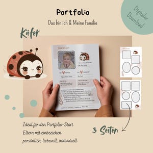 Peut inclure: Un portfolio téléchargeable numériquement intitulé "Portfolio Das bin ich & Meine Familie". Le design présente une coccinelle de dessin animé, une photo d'enfant et le texte "Digitaler Download". Le portfolio est conçu pour inclure 3 pages.