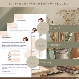 May include: Stationery set with German text and ladybug illustrations. Includes an invitation, questionnaire, and protocol, with page numbers indicated. The text at the top reads "ELTERNGESPRÄCH I ENTWICKLUNG".