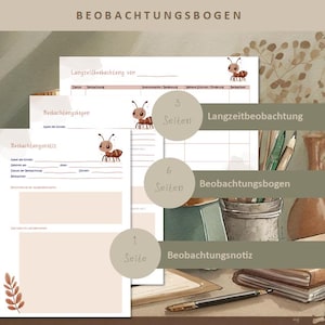 Puede incluir: Un conjunto de hojas de observación beige y blancas con el título "BEOBABCHTUNGSBOGEN". Las hojas presentan ilustraciones de hormigas e incluyen secciones para notas y observación a largo plazo. También se ve un bolígrafo y una pila de libros.