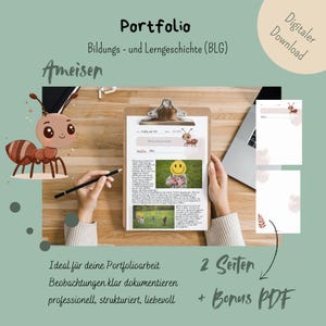 Könnte beinhalten: Ein Portfolio-Dokument mit dem Titel "Portfolio" und dem Untertitel "Bildungs- und Lerngeschichte (BLG)". Das Dokument wird auf einem Klemmbrett gehalten, mit einer Cartoon-Ameisen-Illustration. Der Text "Digital Download" ist ebenfalls sichtbar.