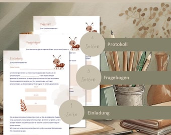 May include: A set of educational documents titled "ELTERNGESPRÄCH I ENTWICKLUNG" in German. The documents include an invitation, questionnaire, and protocol, each with an ant illustration. The colour scheme is neutral.