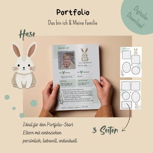 Puede incluir: Un portafolio con el texto "Portfolio Das bin ich & Meine Familie" y una ilustración de conejo de dibujos animados. El portafolio incluye espacio para fotos e información personal. También se ven las palabras "Digitaler Download".