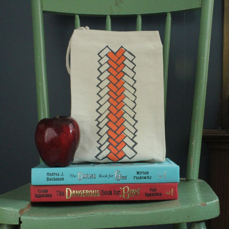 Lunch bag geometric brick pattern recycled cotton bright peach and steel gray water based ink