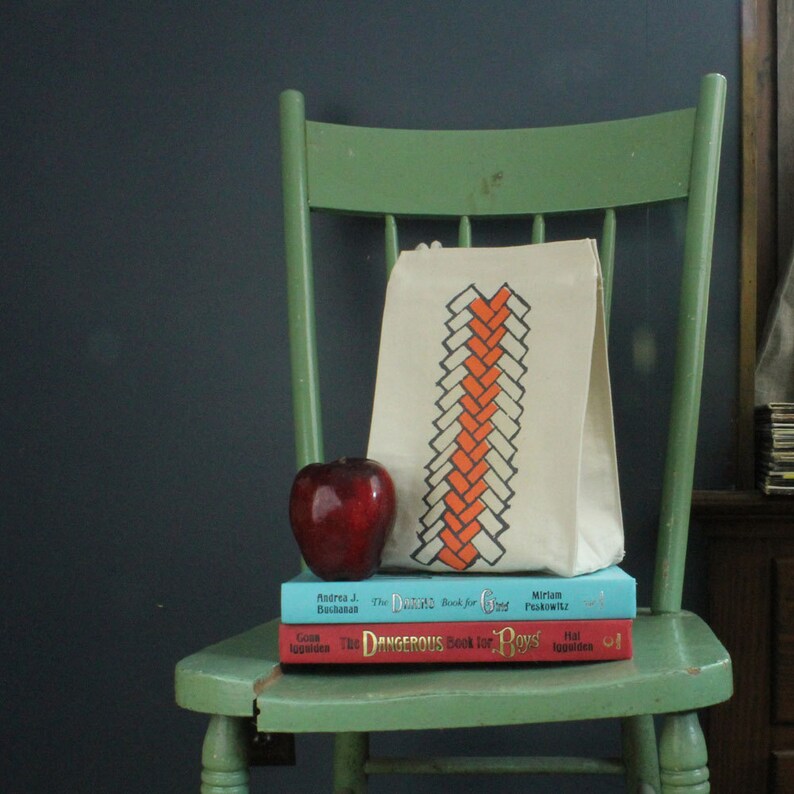 Lunch bag geometric brick pattern recycled cotton bright peach and steel gray water based ink