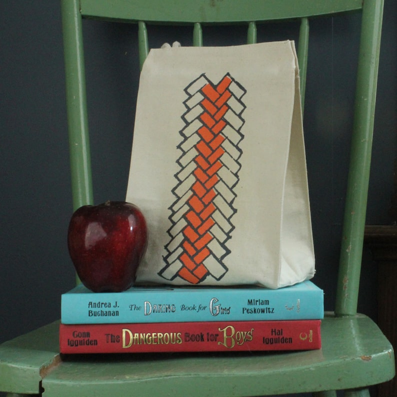 Lunch bag geometric brick pattern recycled cotton bright peach and steel gray water based ink