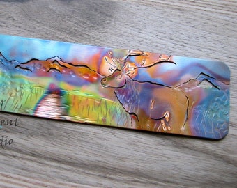 The WILDLIFE Bookmark -  CUSTOM design, personalized, hand drawn art, metal bookmark, copper, colorful, patina, realistic, wild animals