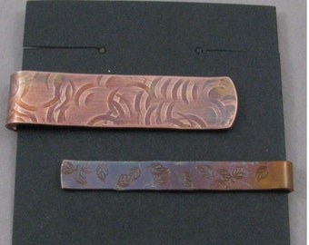 Copper Tie Bar - 2 sided, double sided, stamped design, rainbow patina, fire patina