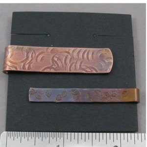 Copper Tie Bar - 2 sided, double sided, stamped design, rainbow patina, fire patina