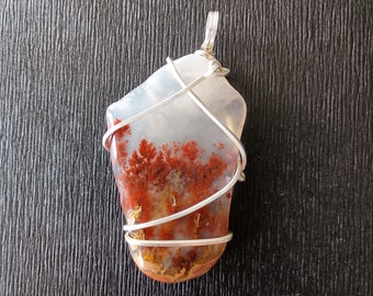 Plume Agate Pendant - natural, moss, sterling silver, ready to wear, translucent, dark red