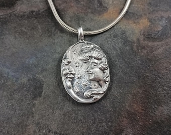 Celestial Romance Pendant - solid sterling silver .925, fantasy, gothic, antique design, lady and crescent moon