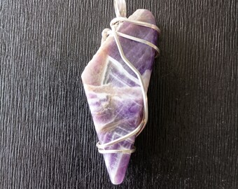 Amethyst Pendant - Chevron amethyst, sterling silver, wire wrapped, medium size, semi polished