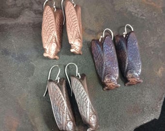 Copper Cicada Earrings - three finishes, sterling silver ear hook