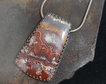 Large Red Crazy Lace Agate Pendant - hand built sterling silver setting