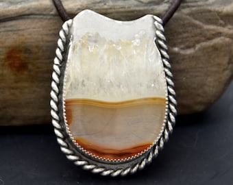 Whisky Mountain Pendant - quartz crystal, carnelian agate, natural stone, sterling silver, leather cord, necklace, statement, bespoke