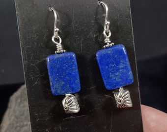 Lapis and Silver Bead Earrings - sterling silver, dark blue