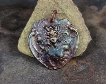 Lady of Bats Pendant - copper, antique design