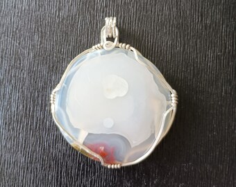 Large Agate Pendant - natural, large, sterling silver, ready to wear, translucent, white, red