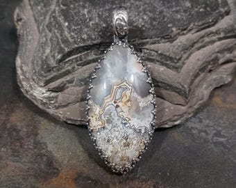 White Crazy Lace Agate Pendant with Quartz Points - medium, sterling silver