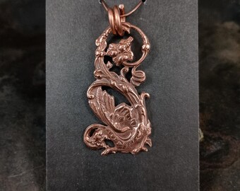Flower Dragon Pendant - copper, antique design, sterling wires