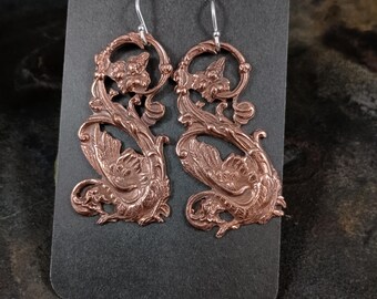 Flower Dragon Earrings - copper, antique design, sterling wires
