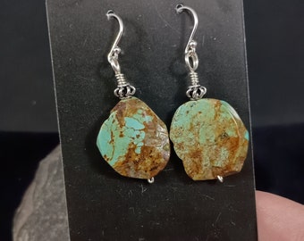 Turquoise Slice Earrings - sterling silver wire wrap