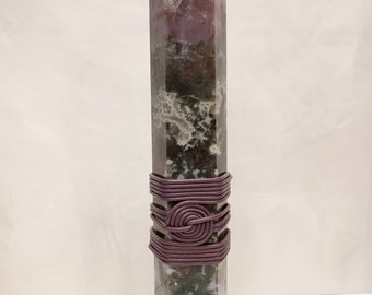 Moss Agate Tower - leather wrap, large tower, green, white, purple, druzy