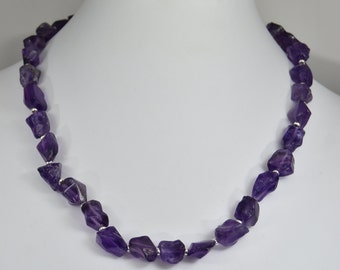 Amethyst chunk necklace - sterling silver, natural amethyst, dark purple, hook and eye clasp