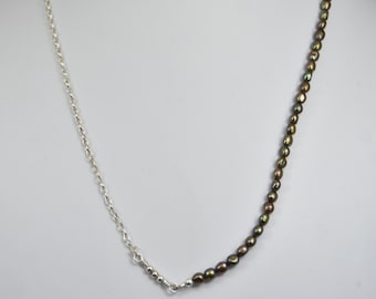 Dark Pearl and Chain necklace - sterling silver, natural, dark, multicolored, small freshwater pearls