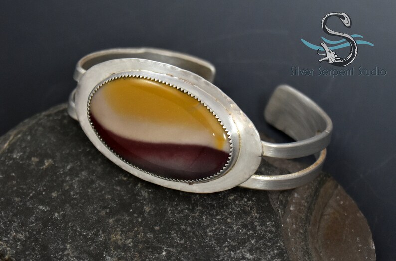 Mookaite Cuff yellow, maroon, swoosh, graphic, clean lines, sterling silver, Australian stone image 4