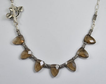 Smokey Quartz drop necklace - sterling silver, natural, gray, leaf toggle clasp