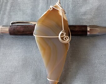 Large Brazilian Agate Pendant - natural, large, sterling silver, ready to wear, translucent, yellow, brown