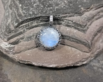 Moody Moonstone Pendant - small, dainty, bright blue flash, sterling silver