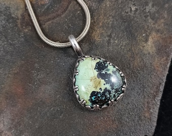 Varisite Pendant - pale green, black pattern, natural stone, hand built sterling silver setting, pear tear shape