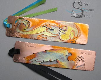 The FANTASY Bookmark -  CUSTOM design, personalized, hand drawn art, metal bookmark, copper, colorful, patina, mythical, realistic, sci fi